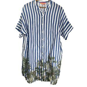 VILAGALLO 100% Linen Shirt Dress Midi Short Sleeve Tropical Jungle Womens L Blue
